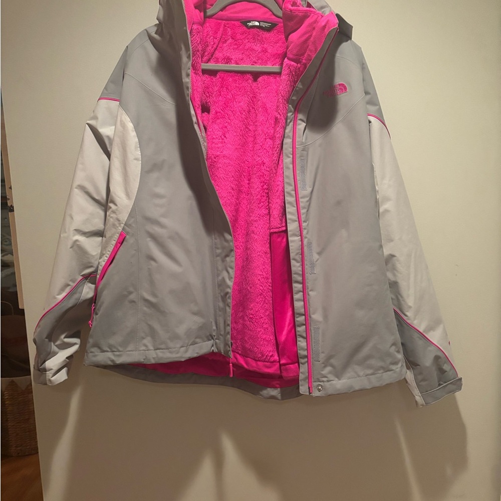 The North Face Light Gray Jacket with Pink Accents